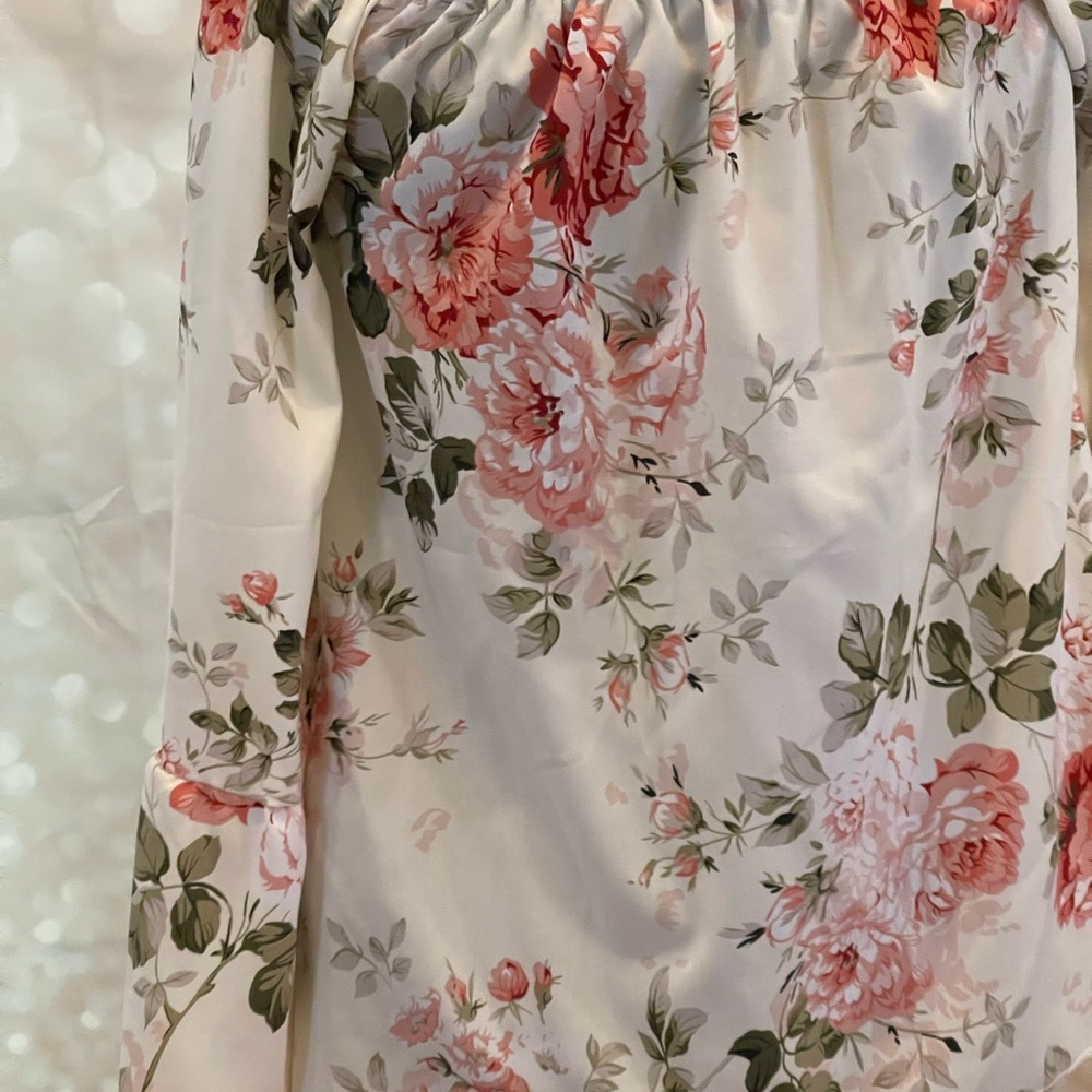 Shein S Off White Floral Blouse Off Shoulder Flowy with Bell Sleeves - Picture 5 of 8